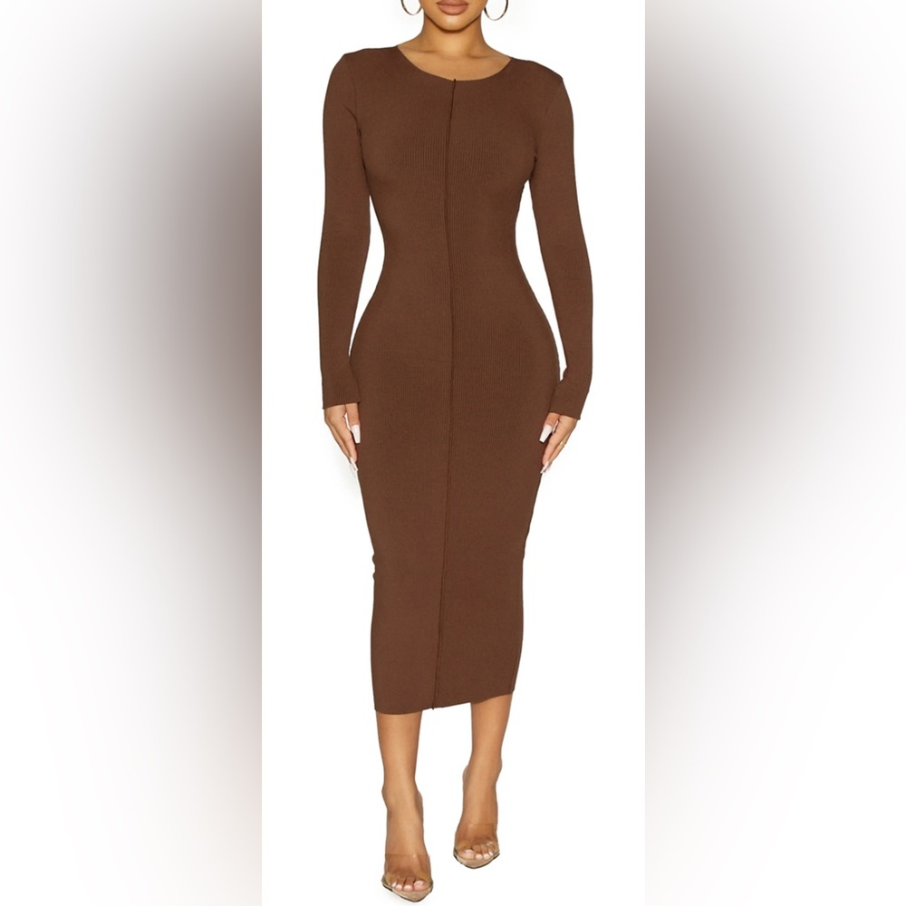 Naked Wardrobe Brown Long Sleeved ribbed Dress
